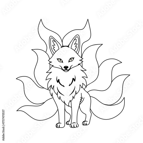 Black and white outline of a nine-tailed fox, traditional kitsune spirit from Japanese folklore. Perfect for coloring book, tattoo design, or mythological art projects