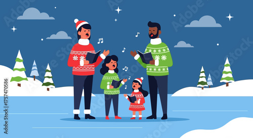 Family Singing Christmas Carols Outdoors in Winter.