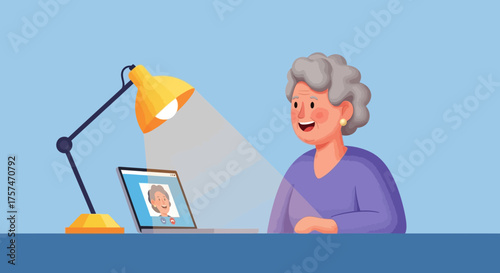 Smiling Elderly Woman on Video Call with Laptop.