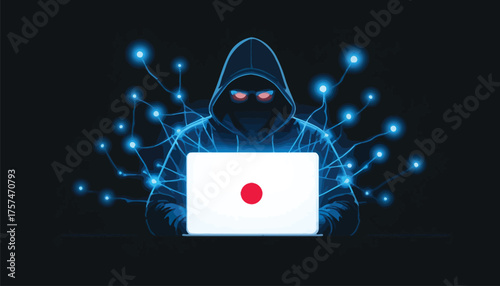 Ominous hacker with red eyes and digital network cybersecurity