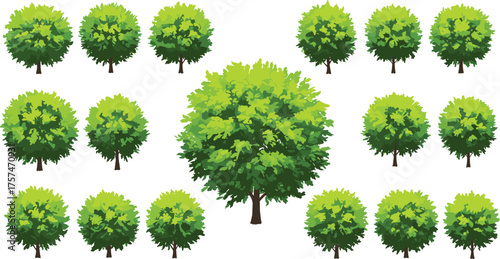 Cartoon green tree set with one large central tree surrounded by smaller identical trees, ideal for game assets, landscape design, nature illustrations, and digital art with clean vector style