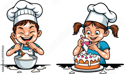 Happy little chefs baking together, cute boy mixing dough and smiling, adorable girl decorating cake with cream, fun kids cooking activity, childhood baking concept illustration