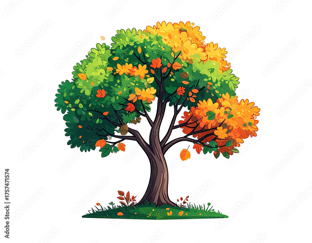 Fototapeta premium Stylized tree illustration with vibrant green and orange leaves, suggesting a transition