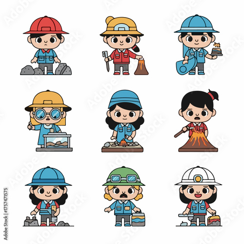 Cute cartoon vector set of junior scientists and kids exploring geology, biology, and volcanology, promoting STEM education and careers.