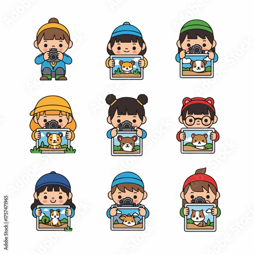 Nine Cartoon Children Photographers Taking Pictures and Displaying Photos of Cute Animals on a White Background.