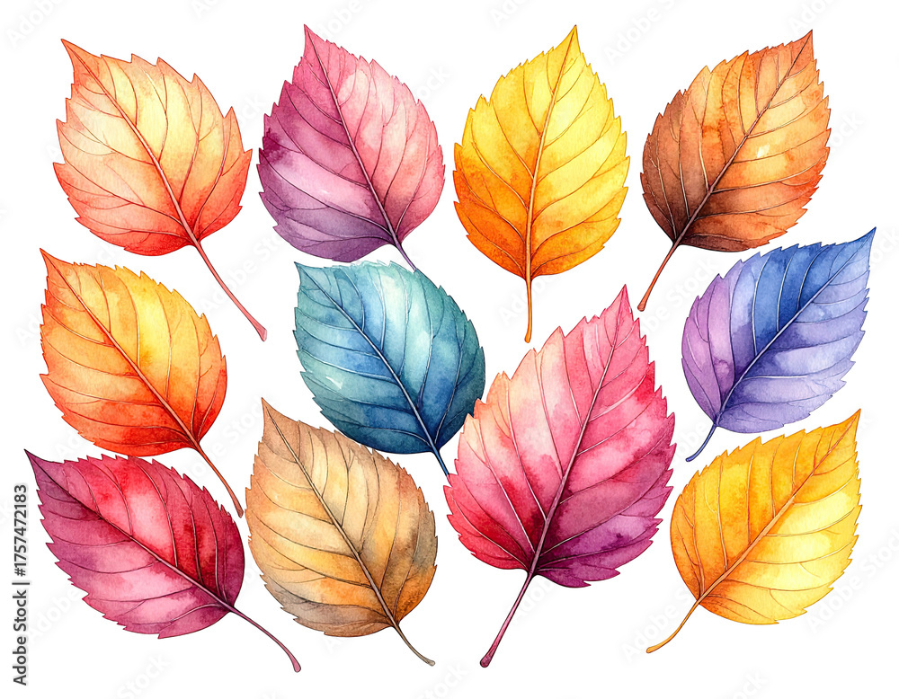 Obraz premium Watercolor illustration of ten stylized, vibrantly colored leaves on a black background