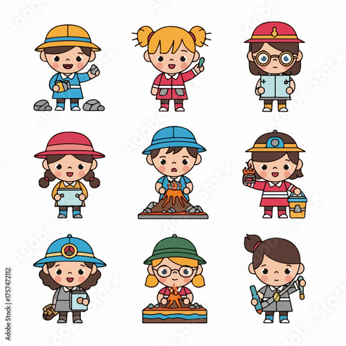 Adorable set of cartoon children learning about earth science, geology, and archaeology, engaging in scientific experiments and fieldwork.
