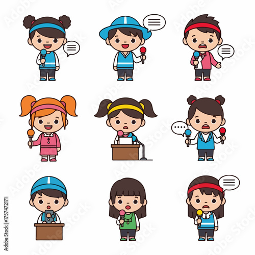Cute cartoon kid journalists and public speakers vector set, holding microphones and giving interviews or press conferences with speech bubbles.
