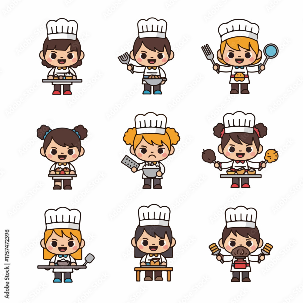 Obraz premium Adorable Collection of Kawaii Professional Chef and Baker Characters Holding Cooking Tools and Baked Goods Vector Illustration