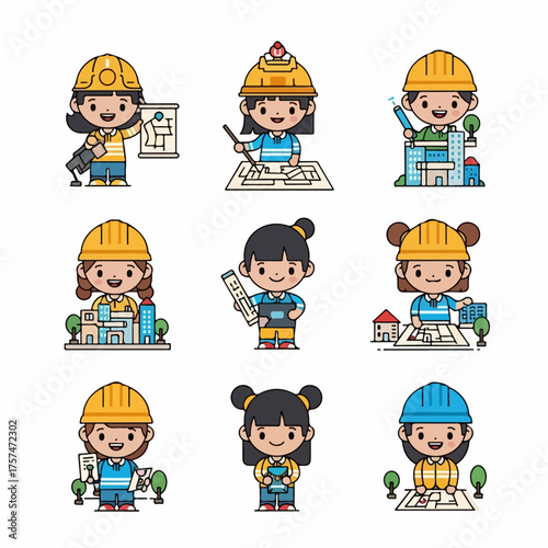 Cute Chibi Female Architects and Engineers Icon Set Wearing Hard Hats Working on Construction Plans, Urban Planning, and Building Design.