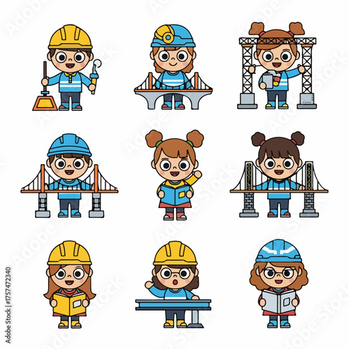 Vector set of adorable children engineers wearing hard hats, learning about construction, bridge building, and architecture.