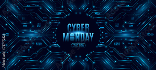 Futuristic banner for Cyber Monday sale. Glowing blue circuit board and electronic elements on a dark background. Digital technology design for online shopping. Vector illustration.