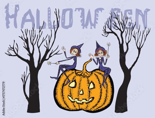 Two small witches sitting on pumpkin, trees silhouettes, text, halloween greeting card, vector illustration