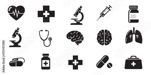 Collection of medical icons representing healthcare science research and treatment symbols