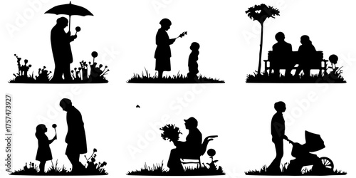 Collection of six distinct family moments depicted in a charming black silhouette style