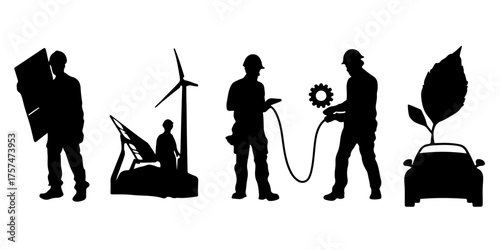 Diverse renewable energy and electric vehicle concepts illustrated in a clean silhouette style