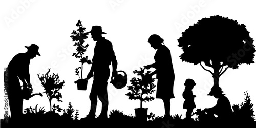 Human evolution progression from primitive labor to modern gardening silhouette