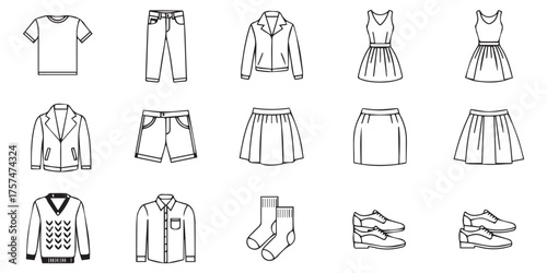 Collection of hand drawn fashion clothing items and accessories for women and men isolated on white background