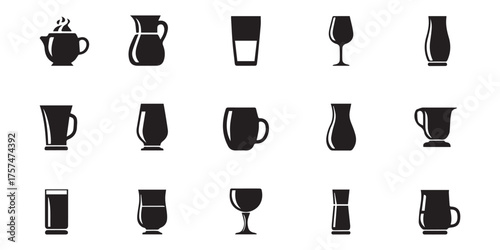 Collection of black silhouette icons representing various drinkware and beverage containers on a white background