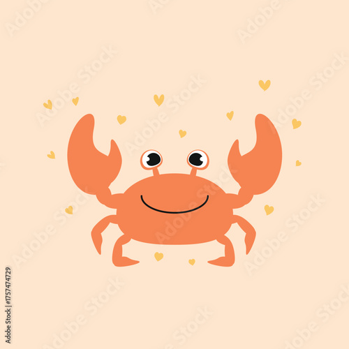 Cute hand-drawn style orange crab vector with yellow hearts on a cream background. Smiling marine animal character perfect for kids' Valentine or nursery designs