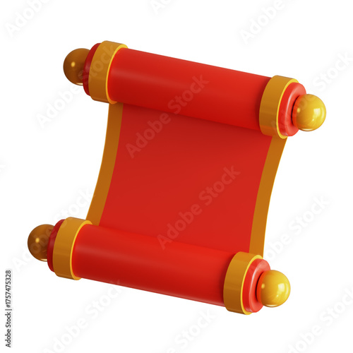 A 3D rendering of an ancient red scroll with golden finials, unfurled slightly, suggesting a message or document from history, perfect for cultural or educational themes
