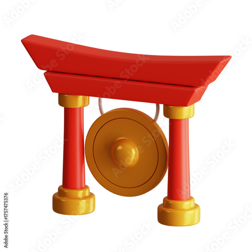 Stylized three-dimensional illustration of a vibrant red paifang archway with a golden gong, an iconic symbol of oriental culture and festivity