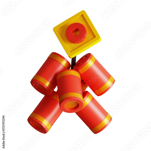 Vibrant 3D firecrackers, traditional symbol of prosperity and good fortune, perfect for Lunar New Year, adding a joyful, festive cultural spirit