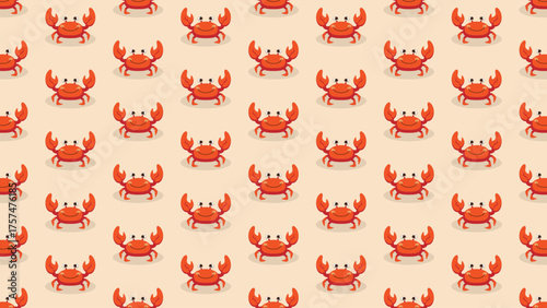 Seamless repeat pattern featuring cheerful cartoon red crabs on a soft, neutral beige background. Fun marine life texture for children's designs, fabric, and wrap paper