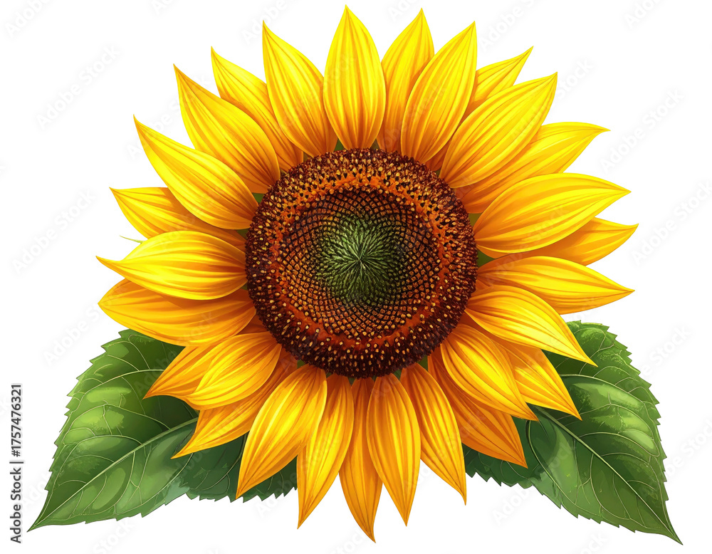 Obraz premium Digitally painted, vivid sunflower with lush yellow petals, brown center, and green leaves