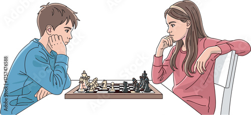 Two children playing chess, strategic thinking, educational game, concentration moment, indoor activity, intellectual development, board game illustration, kid interaction vector