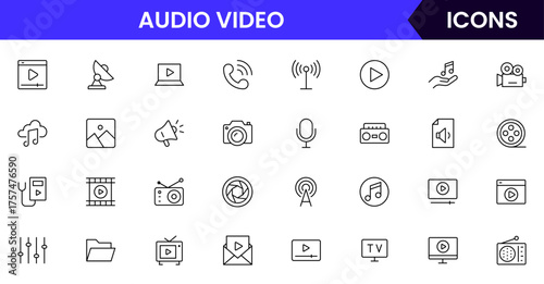 Modern vector line icons representing media tools, cameras, microphones, play buttons, and screens, perfect for digital content and broadcasting platforms.