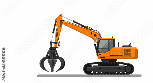 Orange excavator with grapple attachment on white background for construction.