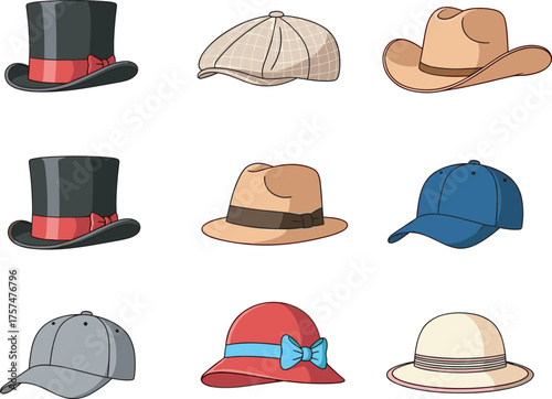 Nine illustrated hat styles, fashion headwear collection, vintage and modern designs, costume accessories, cultural hats, vector icons, stylish headwear graphic