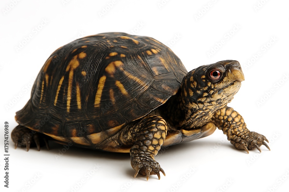 Fototapeta premium A close-up of a brown and yellow turtle against a white background.
