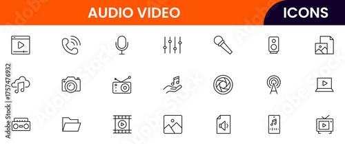 Modern vector line icons representing media tools, cameras, microphones, play buttons, and screens, perfect for digital content and broadcasting platforms.
