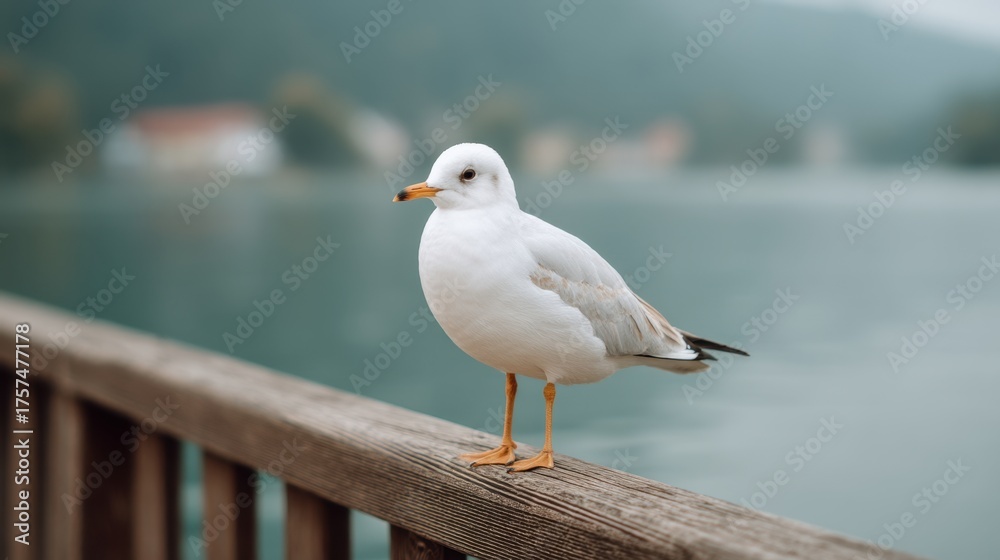 Obraz premium A Lively Gull Resting on a Wooden Rail by the Water Against a Soft Focus Background of Scenic Lakeside Landscape and Misty Hills