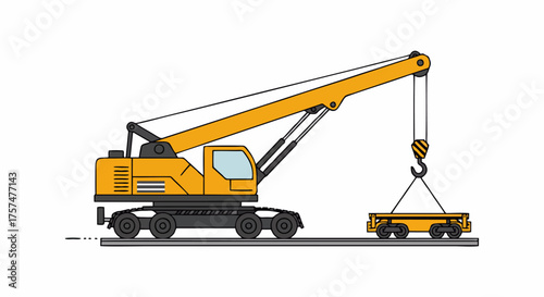 Yellow mobile crane lifting a flatbed trailer with wheels.