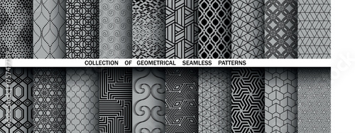 Geometric set of seamless black and gray patterns. Simple vector graphics