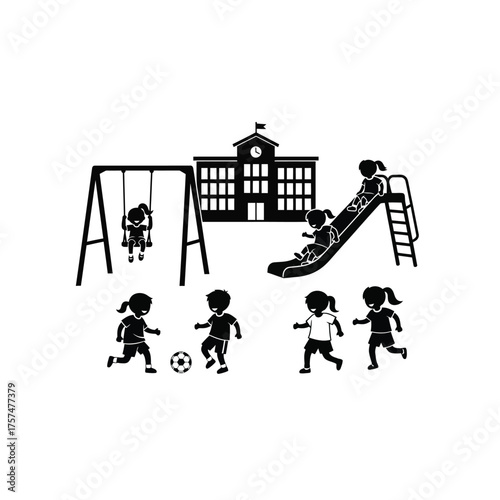 Children playing at school playground silhouette