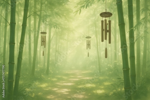 Serene Bamboo Forest with Wind Chimes in a Misty Atmosphere