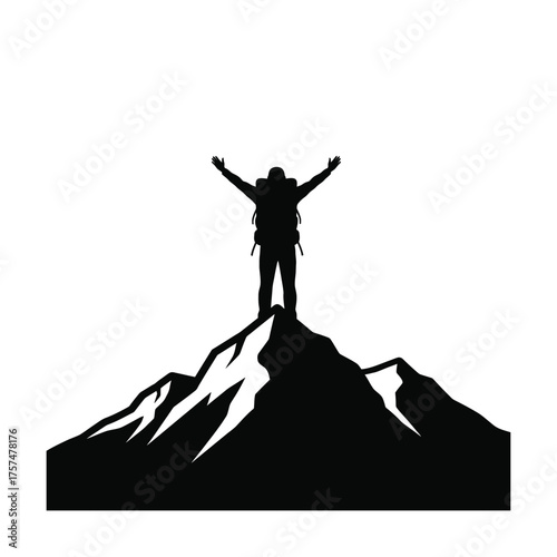 Hiker celebrating on a mountain peak silhouette