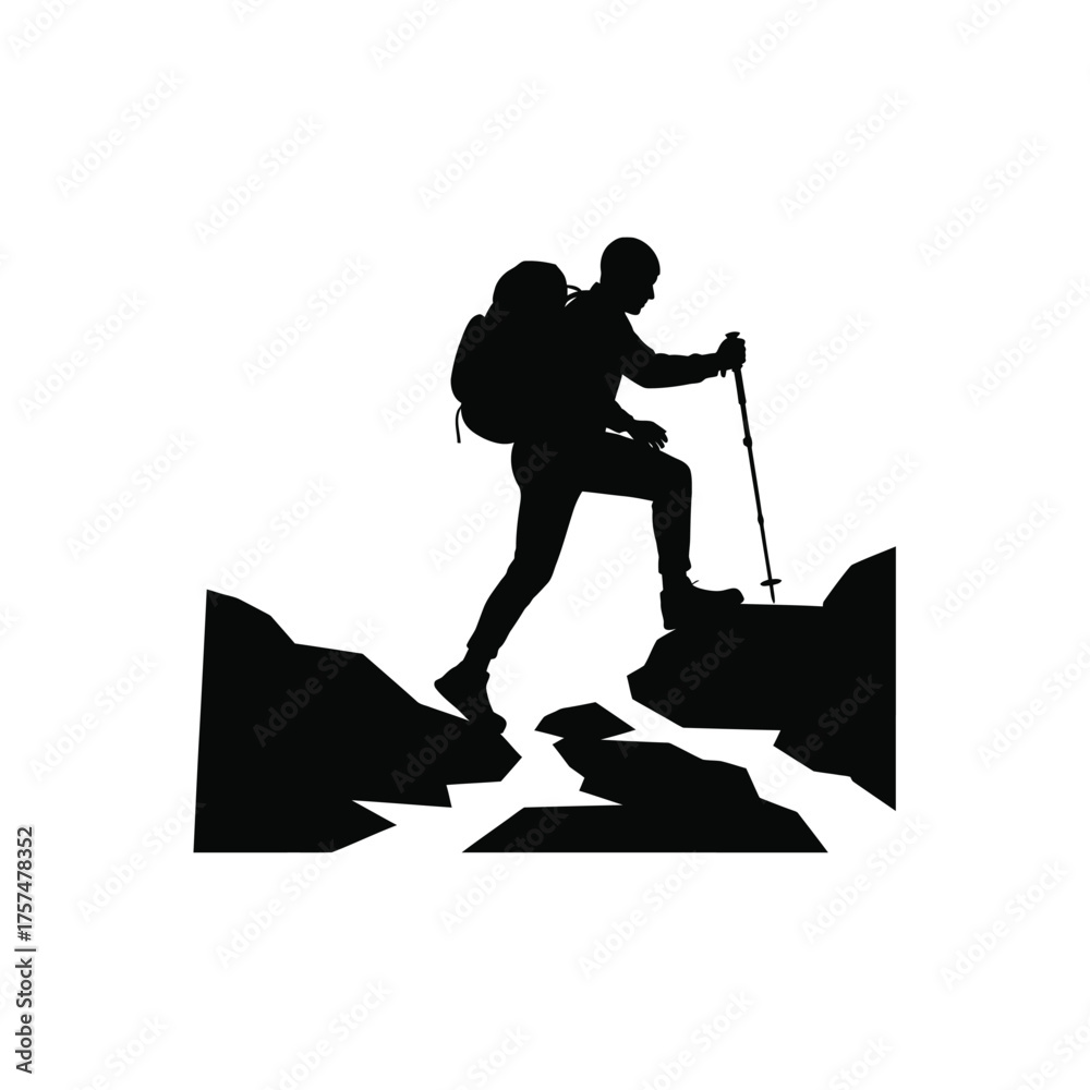 Fototapeta premium Hiker with backpack and pole climbing rocks silhouette