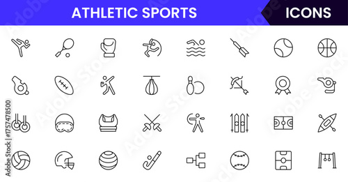 Sports vector web line icon collection sleek illustrations of balls, equipment, fitness, and athletic symbols for dynamic, active designs.