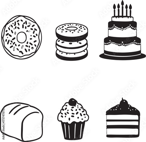 An illustration of a cake donuts cupcake bread and a slice of cake on a white background