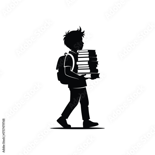 Young student walking with backpack and books silhouette