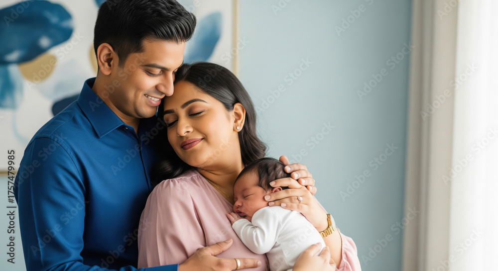 Fototapeta premium Happy Indian Parents Embrace Their Sleeping Newborn Baby
