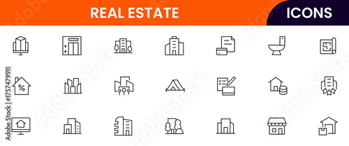 Real Estate vector web line icon collection, sleek illustrations of houses, apartments, keys, and property symbols for professional designs.