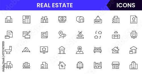 Real Estate vector web line icon collection, sleek illustrations of houses, apartments, keys, and property symbols for professional designs.