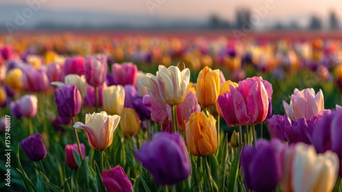 A Vibrant Sea of Multicolored Tulips Bathed in the Warm, Hazy Glow of Sunrise