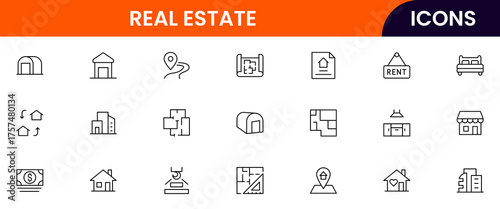 Real Estate vector web line icon collection, sleek illustrations of houses, apartments, keys, and property symbols for professional designs.